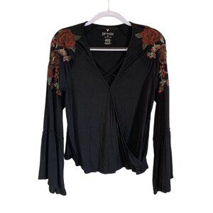 AEO American Eagle Soft & Sexy Black Top Rose Floral Long Sleeves Small